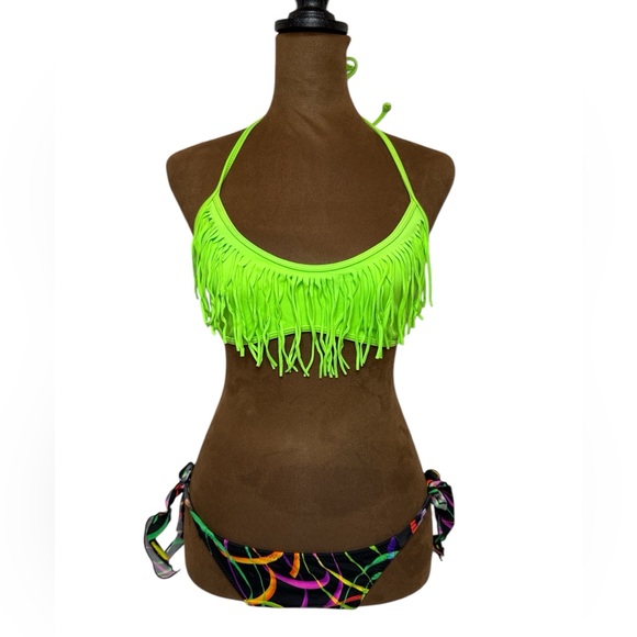 Neon Green Fringe Party Confetti Bikini - Picture 1 of 4